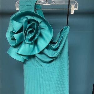Teal One-Shoulder Dress with Floral Detail